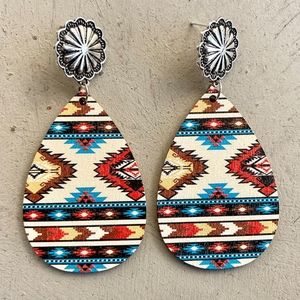 Southwest Pattern Teardrop Earrings - Blue & Red